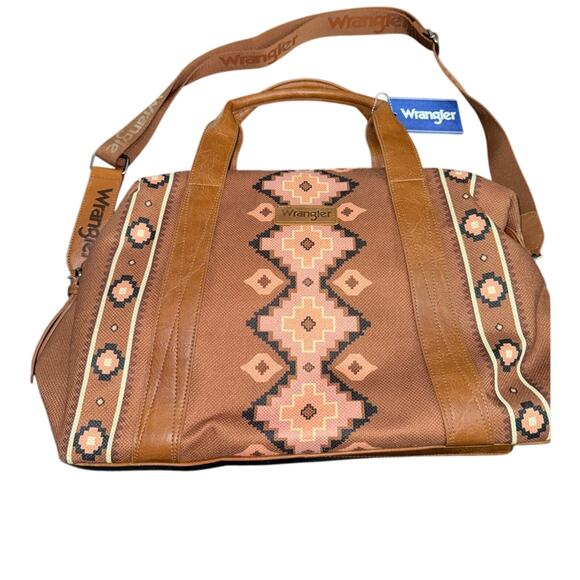 NEW Wrangler Brown Aztec Southwestern tapestry BAG SET WEEKEND DUFFLE & PURSE - Picture 3 of 15